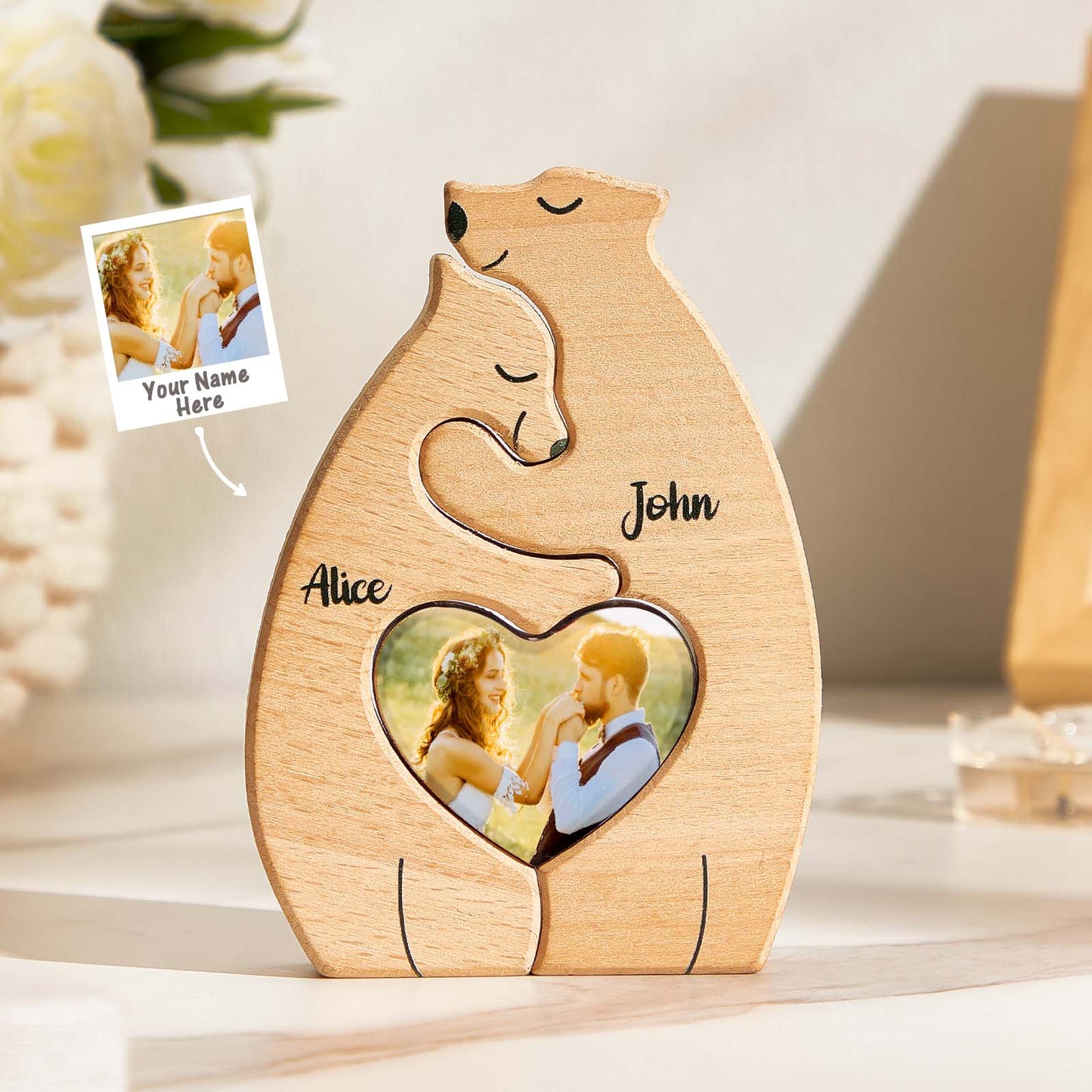 Personalized Bear Couple Wooden Art Puzzle with Names and Photos Gift for Couple