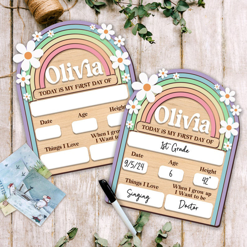 Personalized First and Last Day of School Sign Back to School Photo Daisy Chalkboard