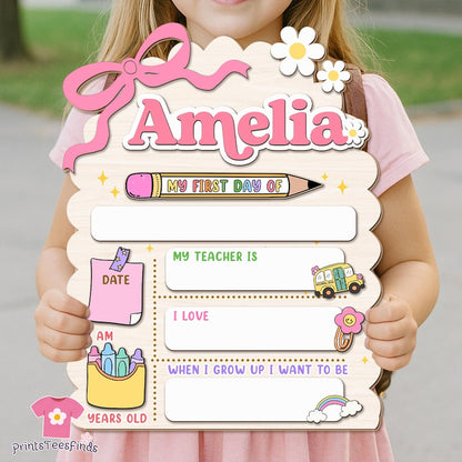 Custom First Day of School Sign Back to School Gift for Kids with Name Reusable Kindergarten Sign