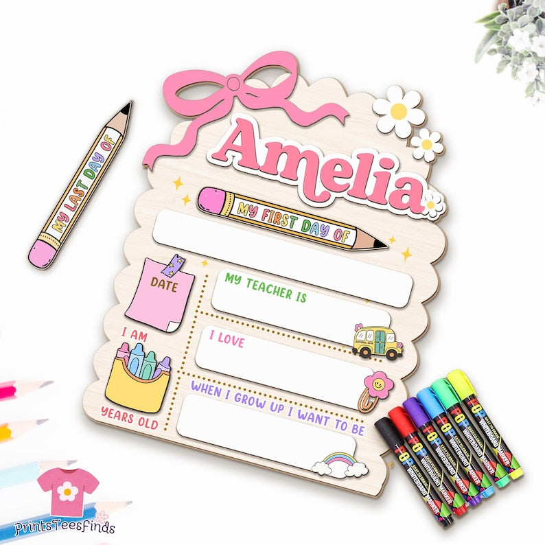 Custom First Day of School Sign Back to School Gift for Kids with Name Reusable Kindergarten Sign