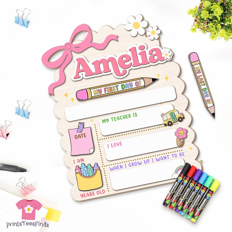 Custom First Day of School Sign Back to School Gift for Kids with Name Reusable Kindergarten Sign