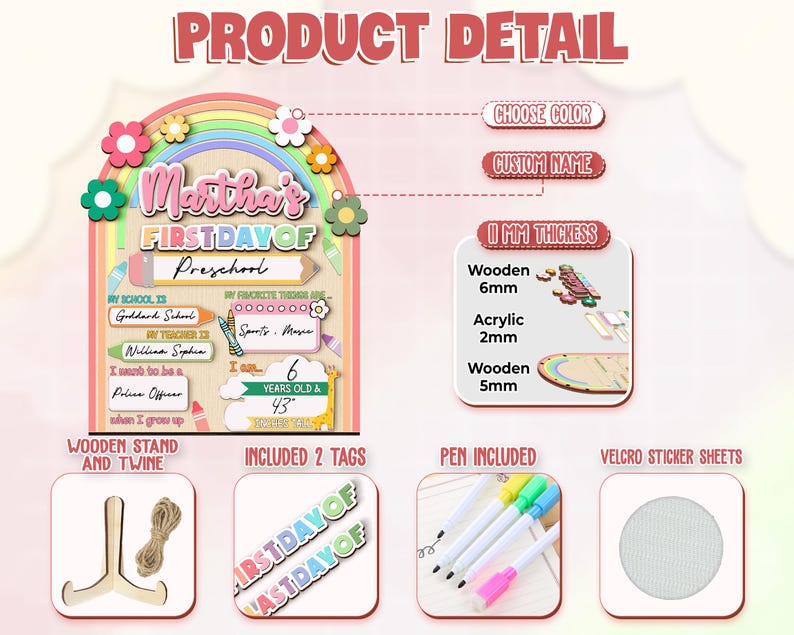 Personalized First Day School Sign Preschool Kindergarten Back to School Reusable Last Day Sign