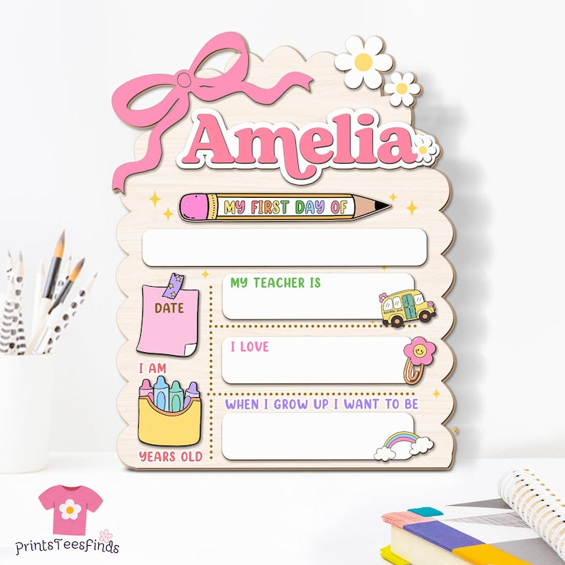 Custom First Day of School Sign Back to School Gift for Kids with Name Reusable Kindergarten Sign