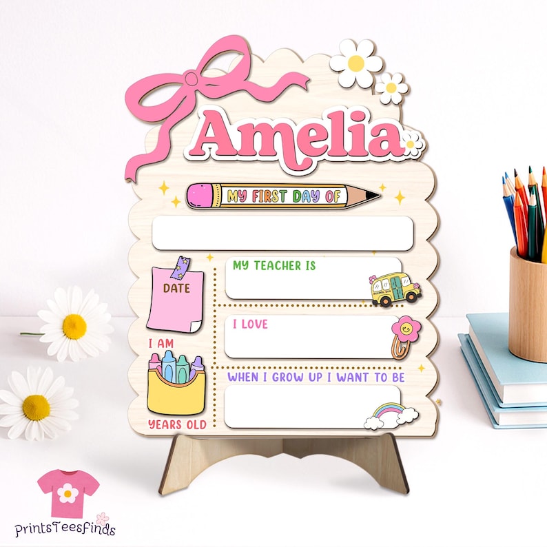 Custom First Day of School Sign Back to School Gift for Kids with Name Reusable Kindergarten Sign